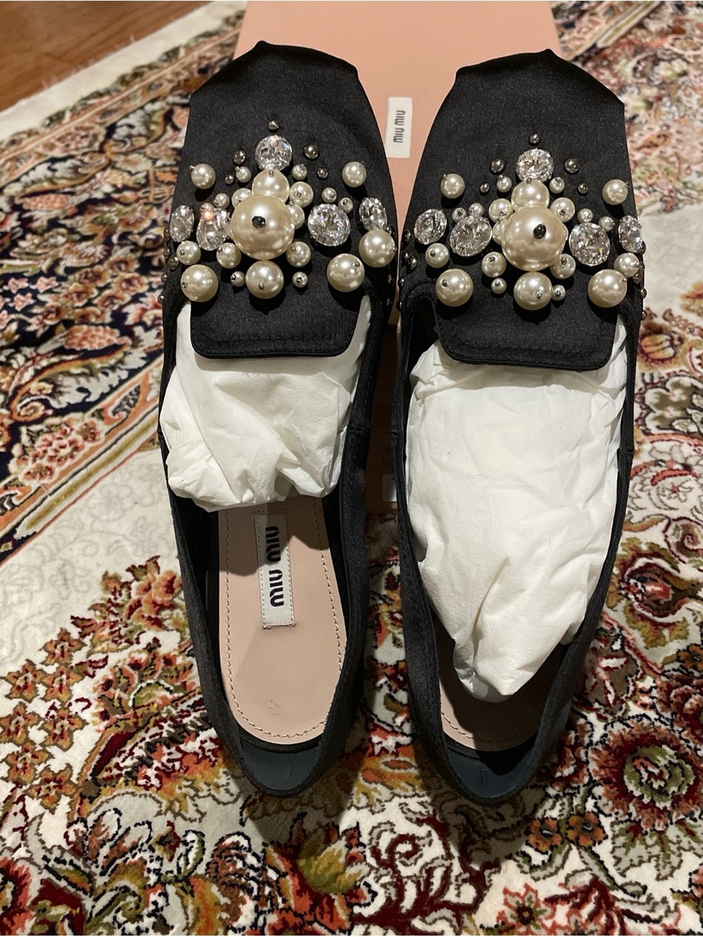 Miu Miu Black Satin Pearl & Crystal-Embellished Loafers